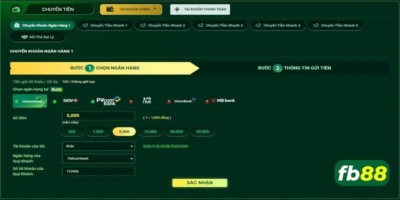 Nạp tiền FB88 qua thẻ ngân hàng có thể thực hiện 24/7.
